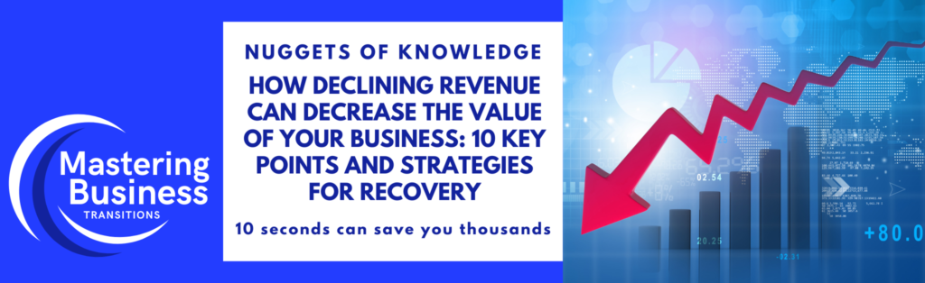 Banner image for the blog titled 'How Declining Revenue Can Decrease the Value of Your Business: 10 Key Points and Strategies for Recovery.' The left side features the 'Mastering Business Transitions' logo, and the right side displays a downward arrow and a bar graph indicating declining revenue. The tagline '10 seconds can save you thousands' is also included.