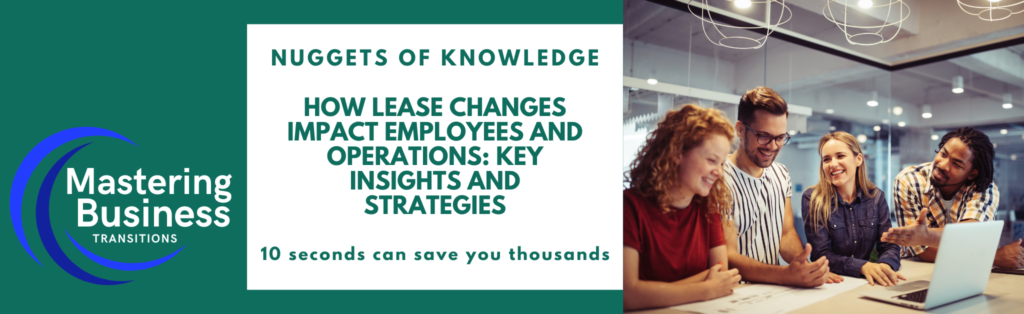 Banner image for 'Mastering Business Transitions: How Lease Changes Impact Employees and Operations - Key Insights and Strategies.' The image features a group of diverse employees smiling and collaborating around a laptop, with the text highlighting the importance of understanding lease changes and their effects on business operations and employee morale.