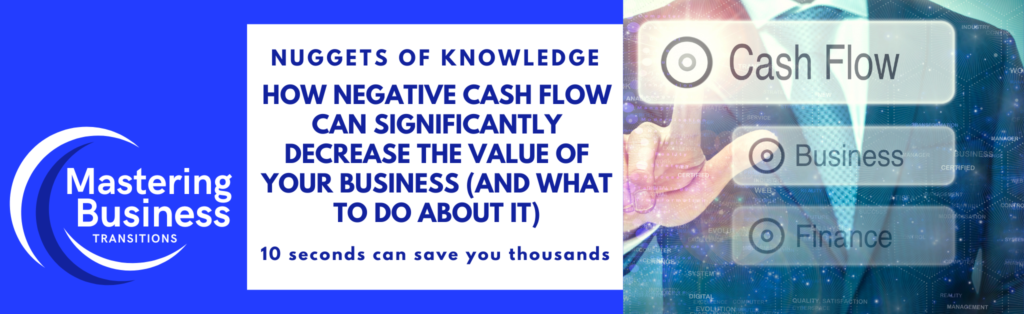 Banner image for 'Mastering Business Transitions' featuring the title 'How Negative Cash Flow Can Significantly Decrease the Value of Your Business (and What to Do About It)'. The left side displays the 'Mastering Business Transitions' logo, while the right side shows a businessman pressing virtual buttons labeled 'Cash Flow', 'Business', and 'Finance'. The tagline reads '10 seconds can save you thousands'