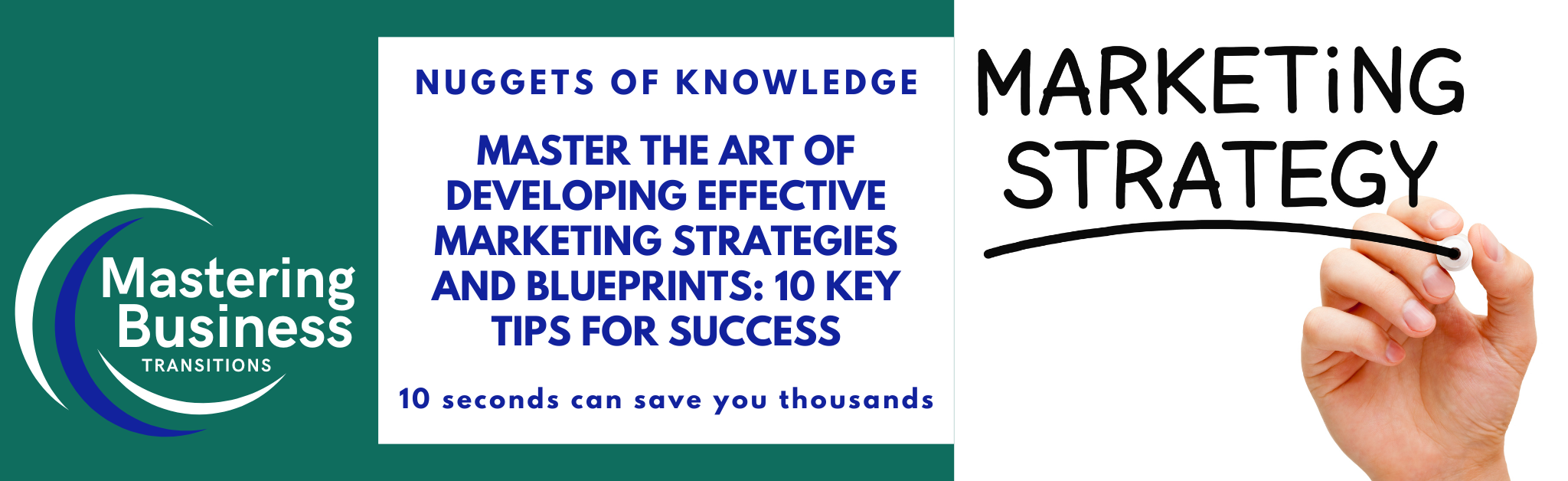 A banner for 'Mastering Business Transitions' featuring the title 'Master the Art of Developing Effective Marketing Strategies and Blueprints: 10 Key Tips for Success.' The banner includes a hand writing 'Marketing Strategy' on the right side and the phrase '10 seconds can save you thousands' at the bottom.