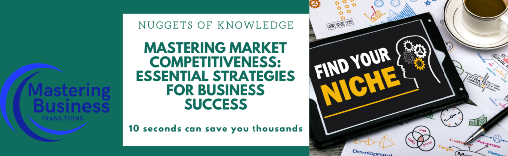 Banner for Mastering Business Transitions online course titled 'Mastering Market Competitiveness: Essential Strategies for Business Success.' The banner features the course logo on the left, the course title in the center, and an image of a tablet displaying 'Find Your Niche' on the right, with business strategy documents and a coffee cup in the background.