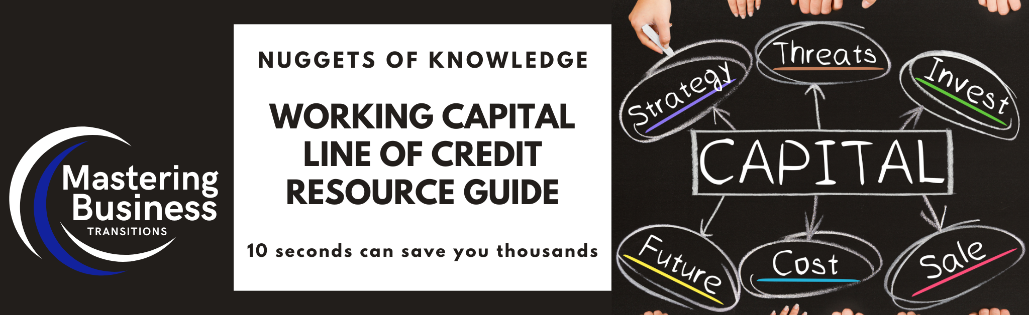 Banner for 'Mastering Business Transitions: Nuggets of Knowledge - Working Capital Line of Credit Resource Guide.' The image includes a logo on the left, the title and tagline '10 seconds can save you thousands' in the center, and a diagram illustrating various aspects of capital on the right, including strategy, threats, invest, sale, cost, and future.